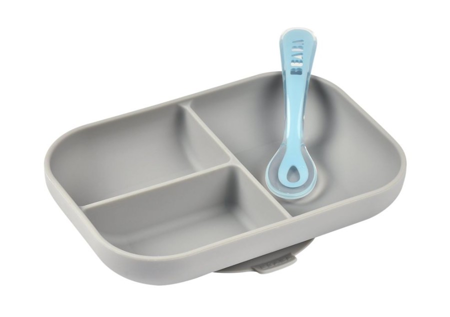 Feeding Beaba | Beaba Silicone Compartment Plate & Spoon - Grey